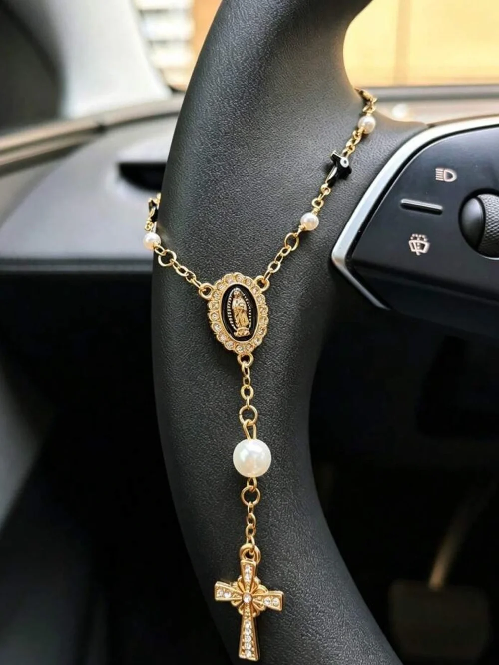 1pc Pink Pearl Cross Steering Wheel Rosary Ornament, Rosary Car Pendant Accessor
